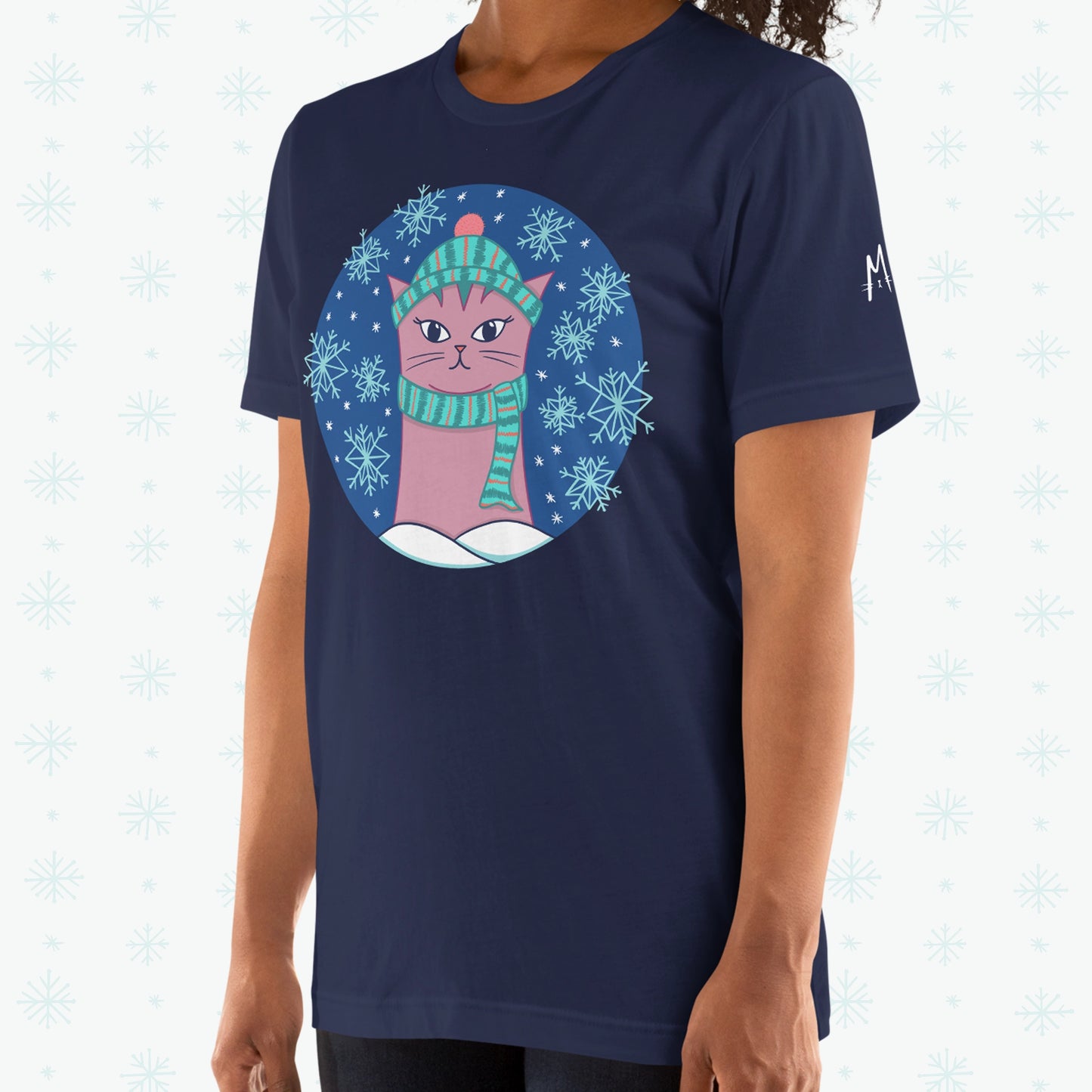 Winter Snowflakes Cat T-shirt - On Model