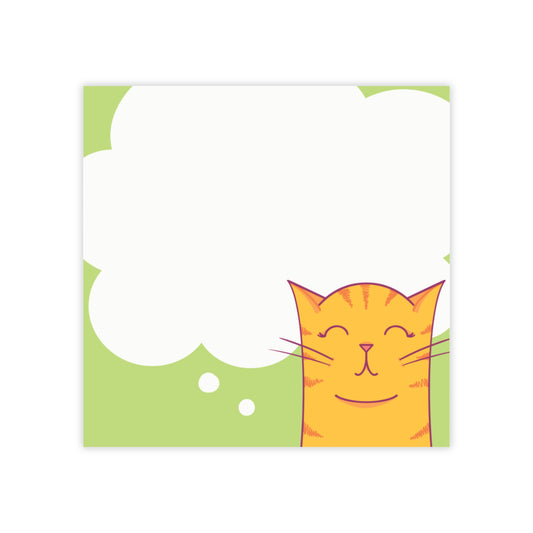 Cartoon cat with a speech bubble on a green background